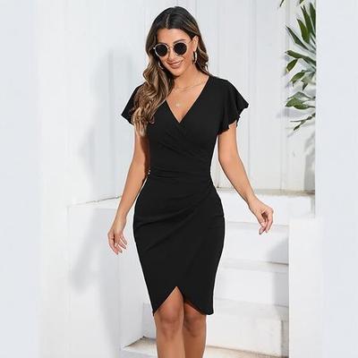 2026 New European and American Style V-neck Waist-Cinching Hip-Wrapping Dress Solid Color Elegant Slimming Midi Dress Dress Export