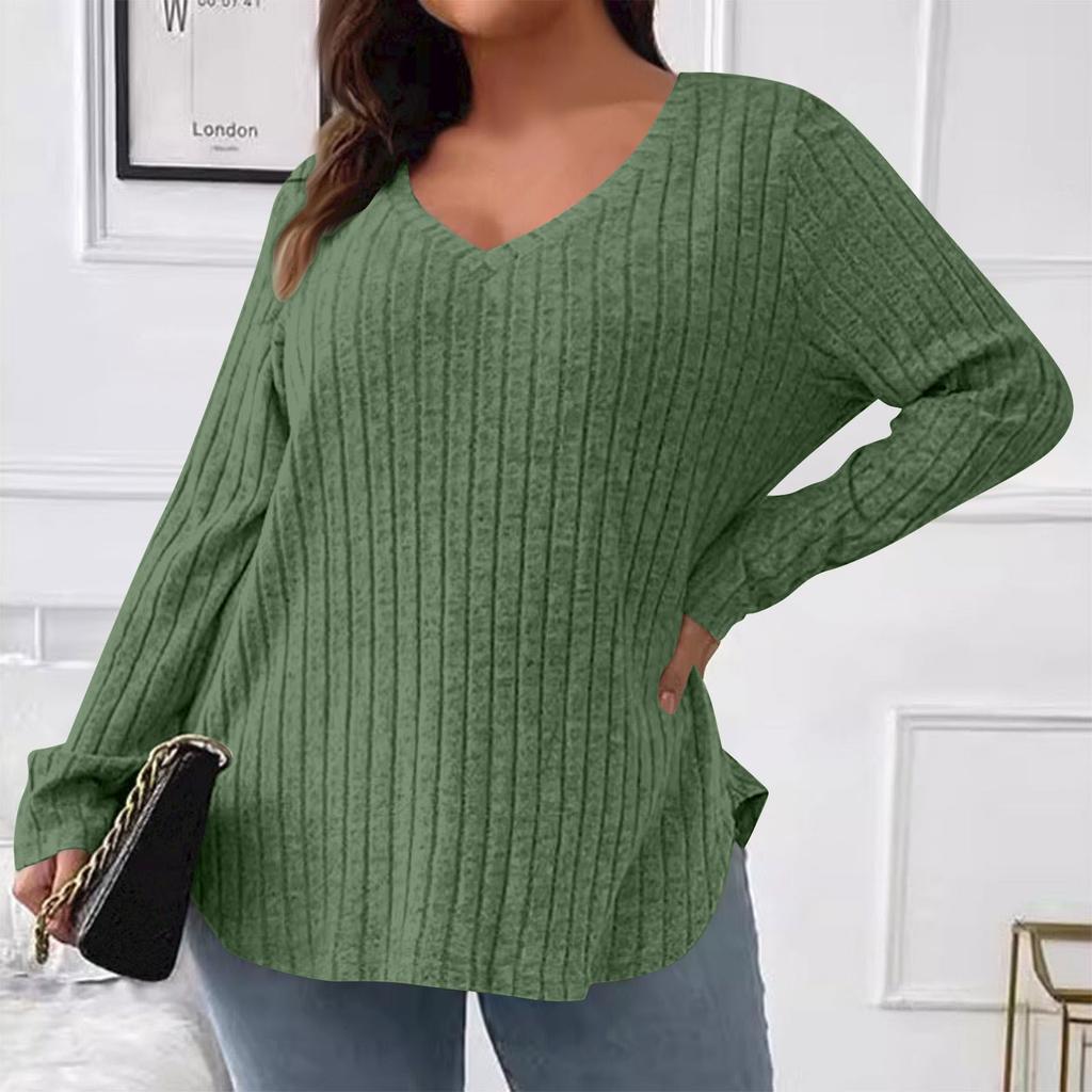 Women's  And Winter Solid Colour Plus Size Women's Tops V-Neck Long Sleeve Striped Milled Loose Pullover T-Shirt