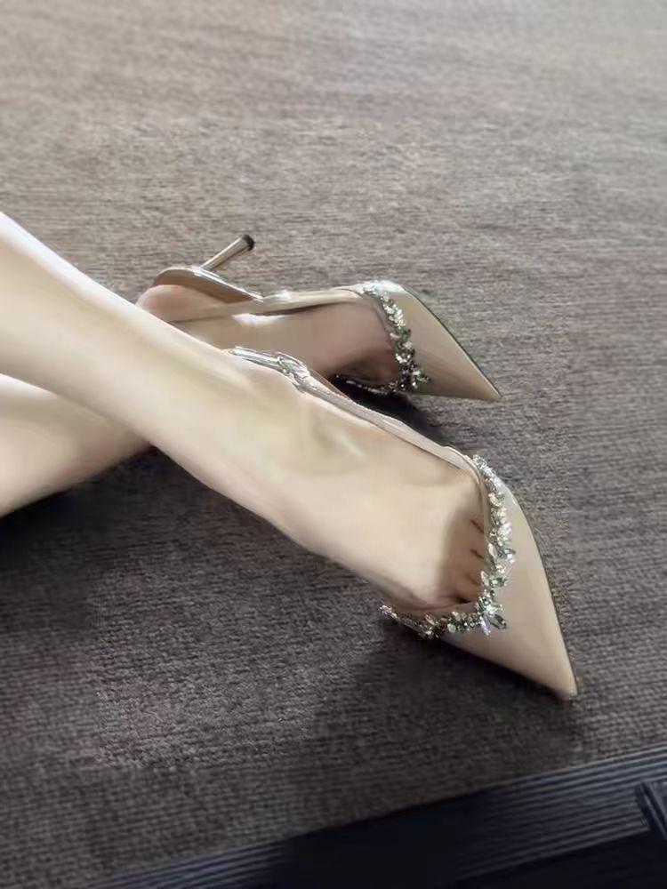 Nude Rhinestone Stiletto Sandals with Pointed Toe - Comfortable French Style High Heels for Women (2026 New Arrival)