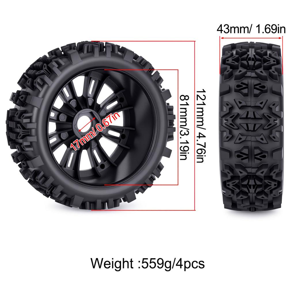 4pcs 121*43mm 1/8 RC Car Off-Road Buggy Tire 17mm Hex for ARRMA Typhon Talion Traxxas Redcat Team Losi Kyosho HPI HSP VRX