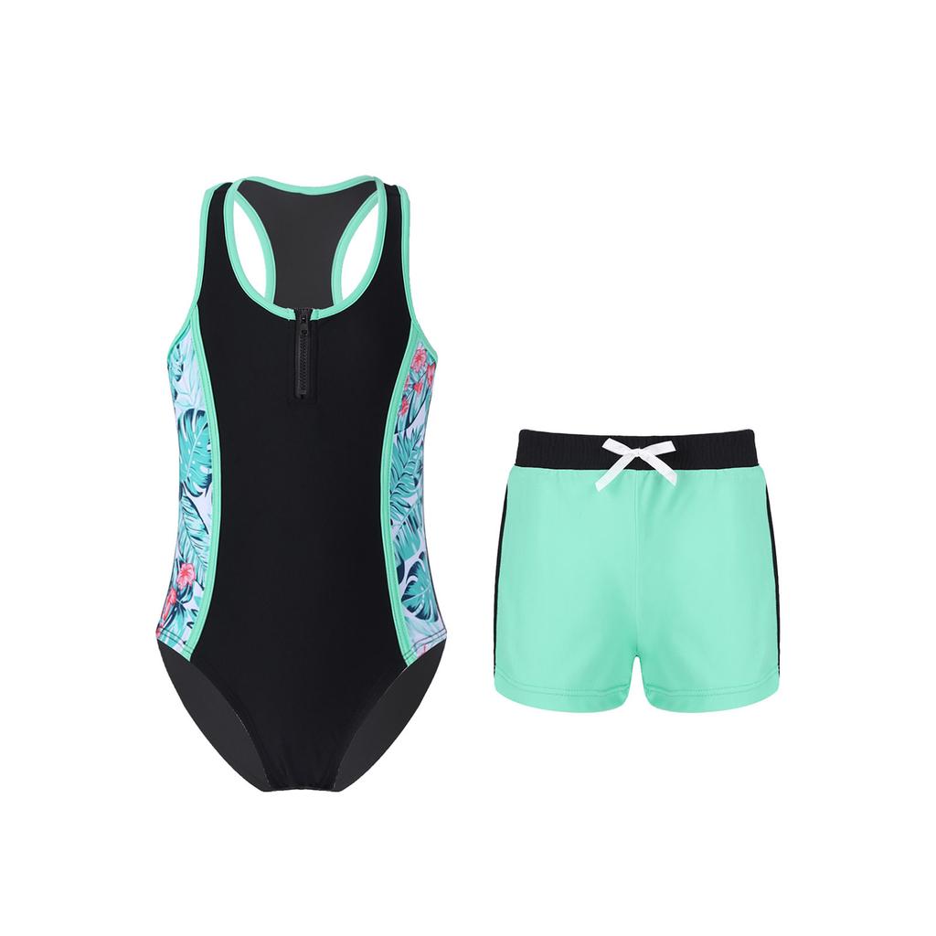 Girls One Piece Swimsuit Set Sleeveless Racer Back Design Matching Boyshorts Beach Swimwear Outfit