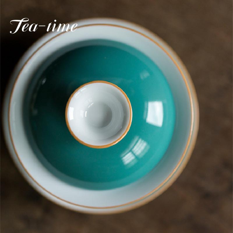 160ml Handmade Turquoise Green Glaze Tea Tureen Jingdezhen Ceramic Large Hand Grab Bow with Lid Tea Maker Gaiwan Kung Fu Tea Set