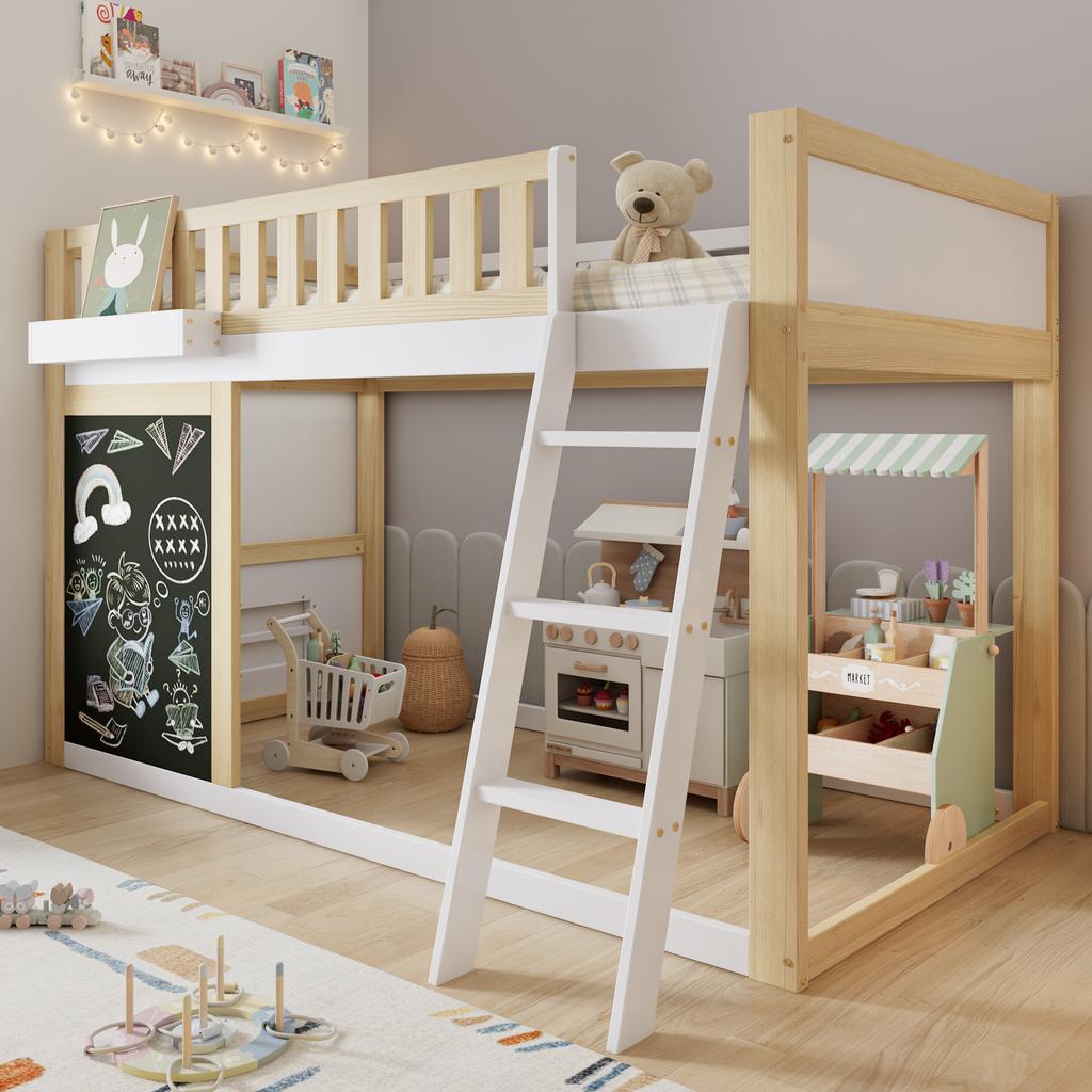 Loft Bed, Children's Bed, With Small Board for Painting, With Storage Box, Safety Rail, Storage Under the Bed, Pine + MDF, White+Natural, 90x200cm
