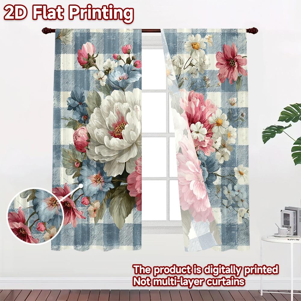 2D FLAT PRINTING 2pcs Curtains (Without Rod) Floral Checkered Design Contemporary Popular Curtains Polyester Easy Install