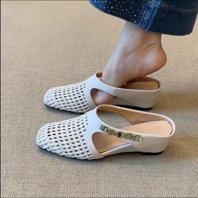 Fashion 2025Spring Summer Fashion Weave Heels Women Slides Slippers Mules Breathable Hollow  Square Heel Slippers  Female Sandals