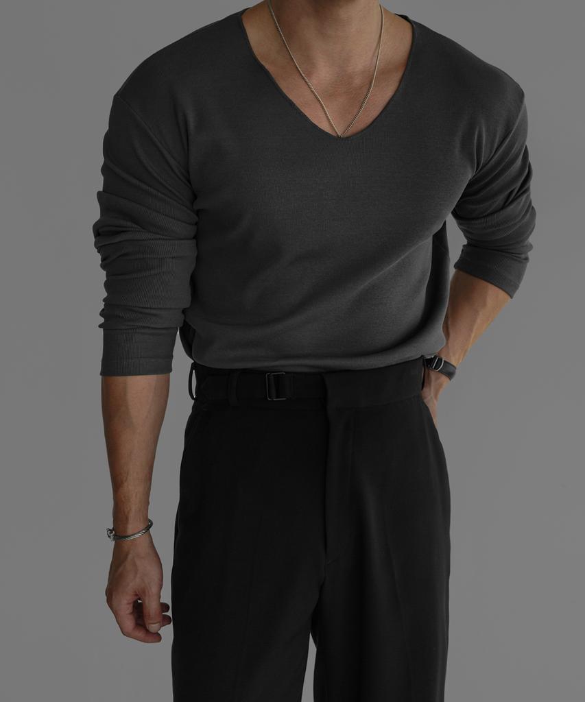 Baulopeulodeogteu Fine Ribbed V-Neck Long Sleeve Knit Tee [Charcoal]