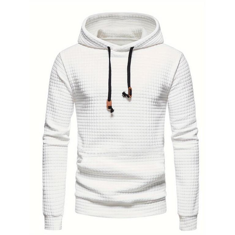 Men's Waffle Pattern Solid Color Hoodie Casual Pullover Hooded Sweatshirt for Autumn and Winter