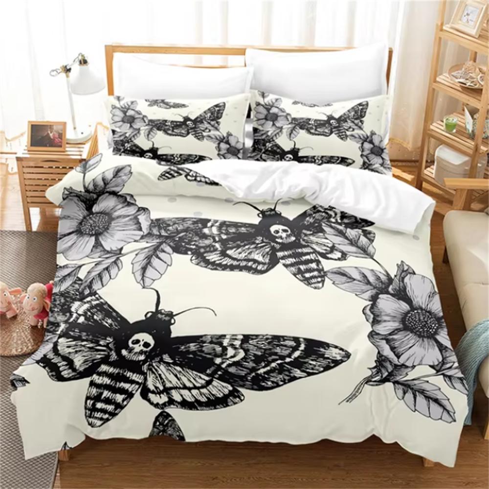 Death Moth Black Bedding Set, Gothic Bedding Set, Skull And Butterfly Cover, Luxury Home Bedding, 2pcs, 3pcs