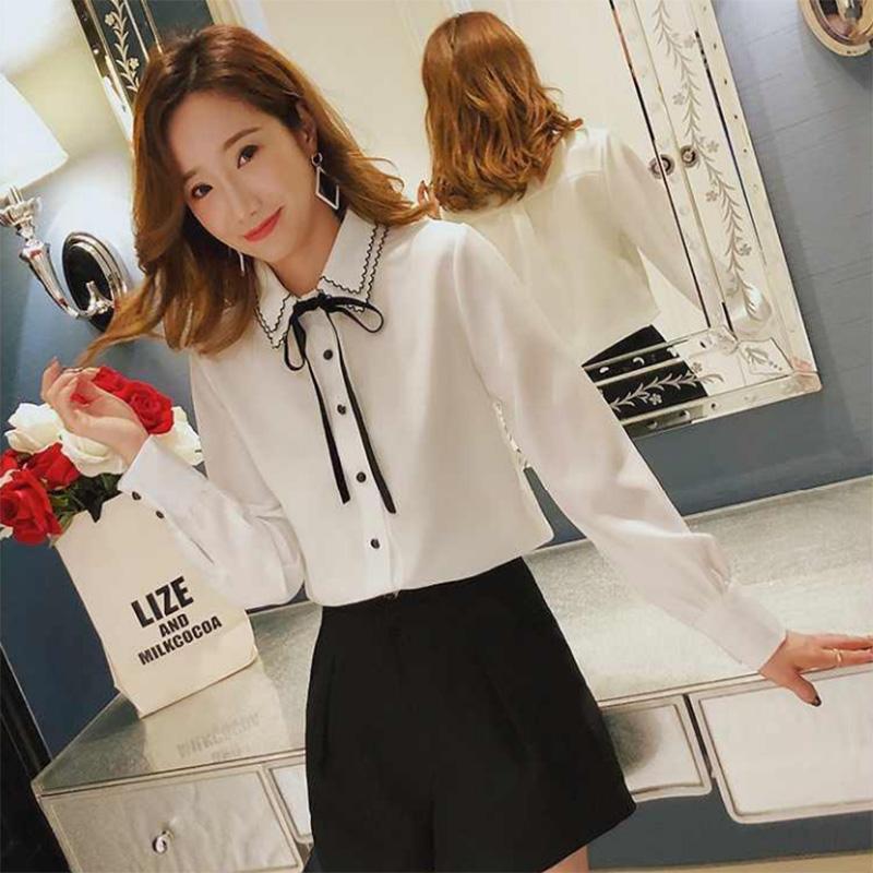 Loose All-match Solid Color Student Bow Chiffon White Shirt Ladies Long-sleeved Bottoming Shirt Commuting
