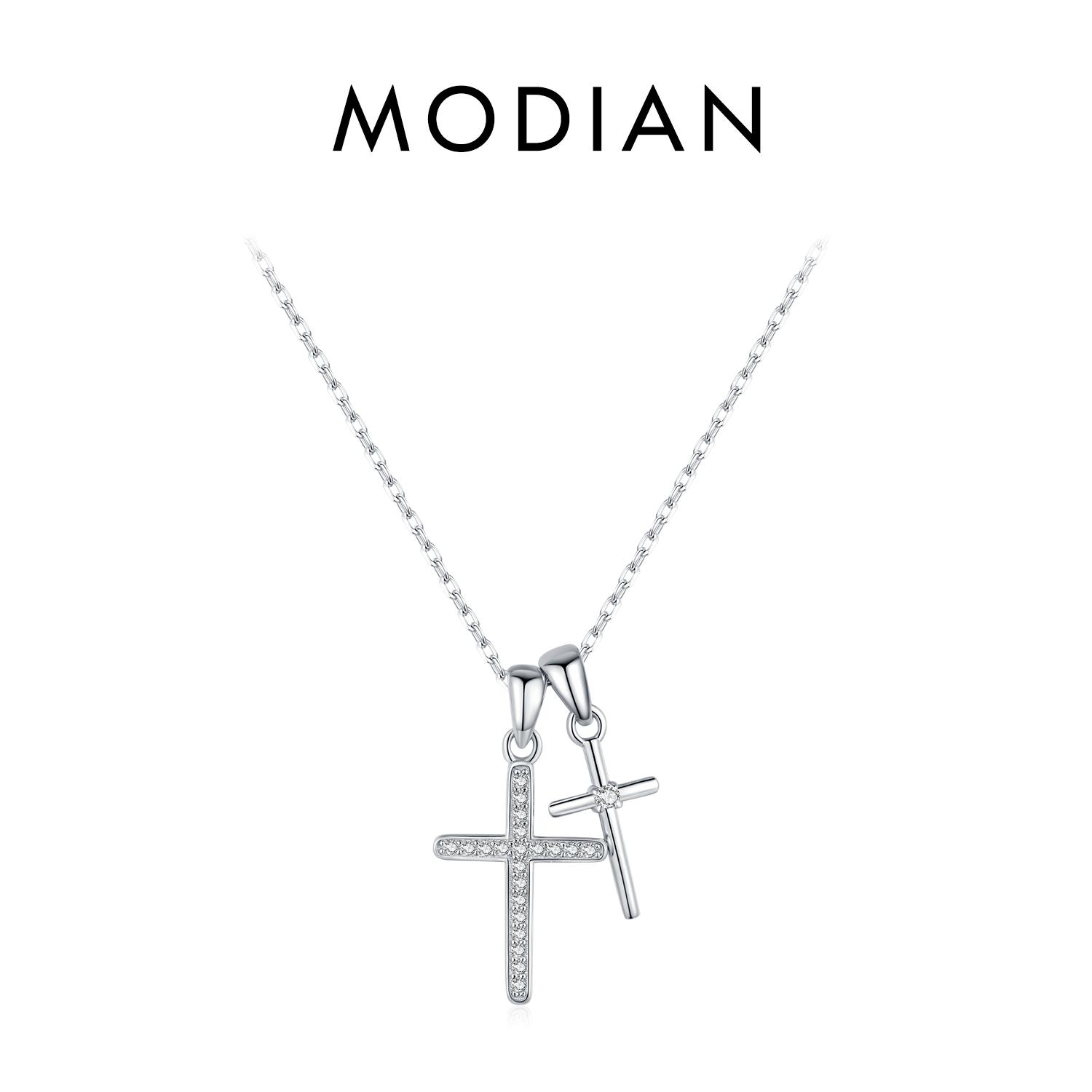 MODIAN 925 Sterling Silver Classic Delicate Double Cross Zircon Link Chain Pendant Necklace for Women Fine Jewelry Gifts