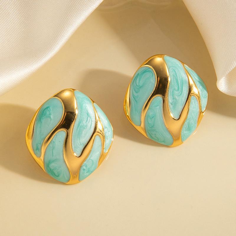 

New retro irregular square personalized stud earrings, European and American style personalized exquisite oil dripping earrings, ear jewelry небесно-голубой