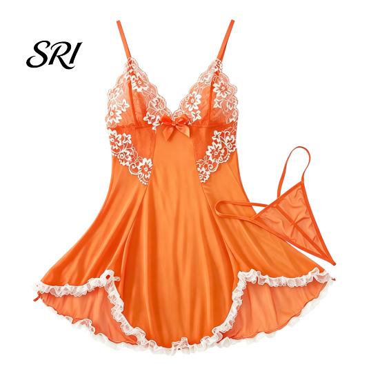 Ultra-thin Mesh Nightdress Plus Size Sexy Babydoll for Women, V Neck Lace Curve Outlining Sheer Nightgown, Spaghetti Strap Chemise Slip Dress S оранжевый