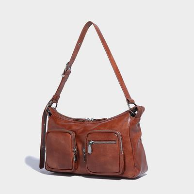 American Retro Oil Leather Personality Double Pocket Single Shoulder Underarm Bag 2024 Autumn Winter New Fashion Versatile Motorcycle Bag