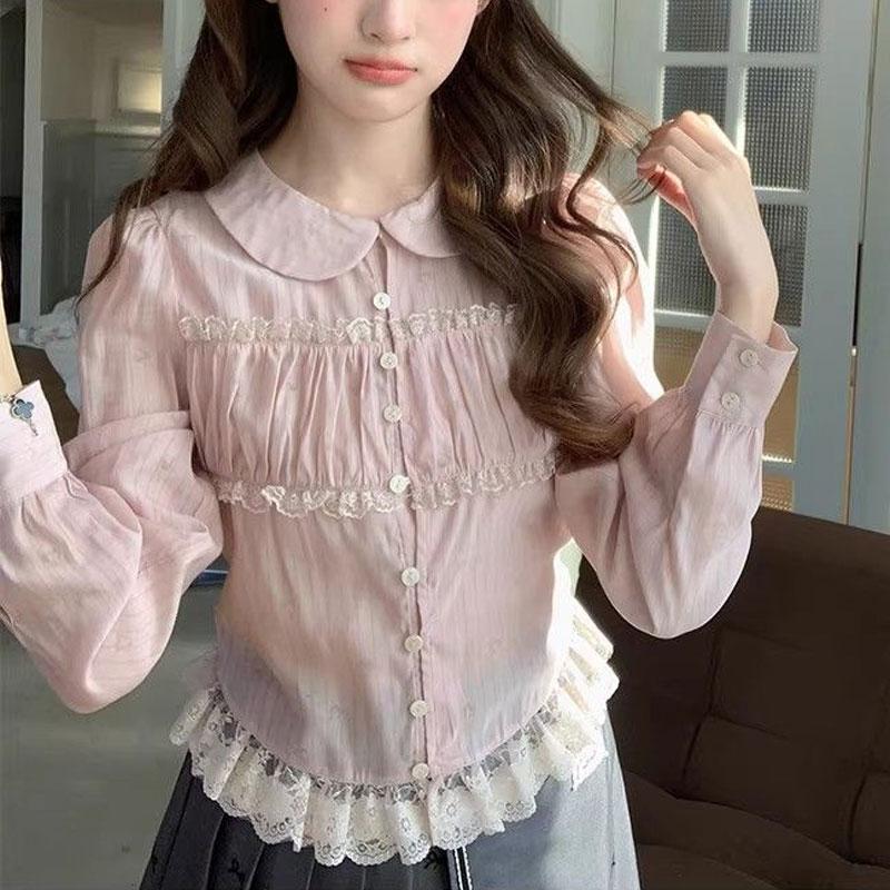 Womens Sweet Peter Pan Collar Lace Trim Long Sleeve Blouse S розовый