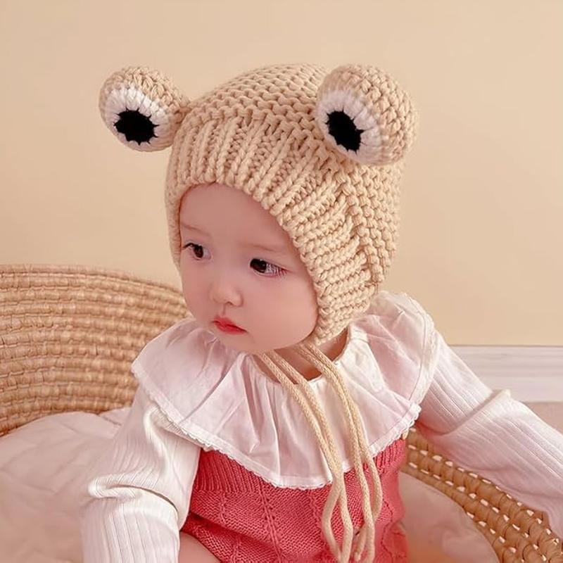 Cute Frog Eyes Baby Cap Winter Warm Earflap Hat Soft Knitted Crochet Infant Outdoor Windproof Beanie Hats For Baby Boys & Girls