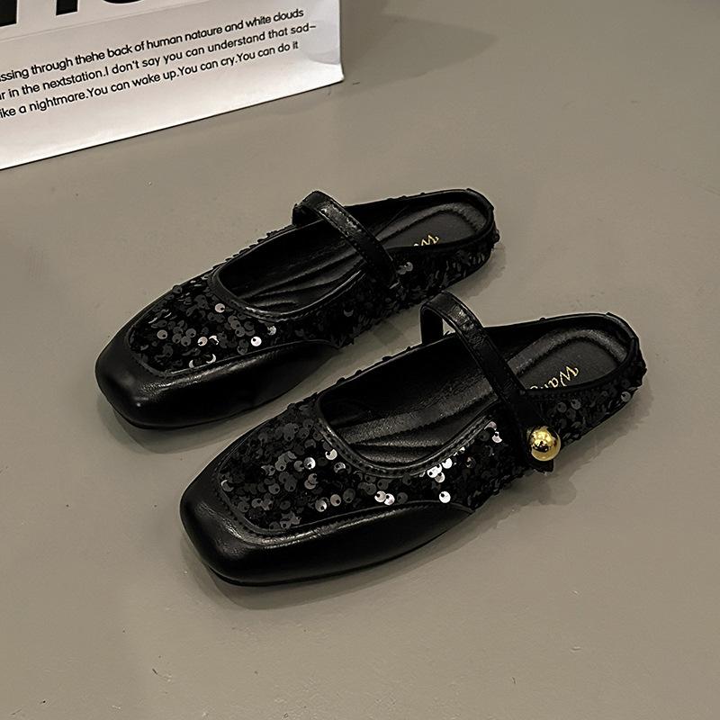 Sequined Silver Bag Head Half Slippers Women's Shoes 2025 New Spring and Summer Temperament Mary Jane Flat Shoes