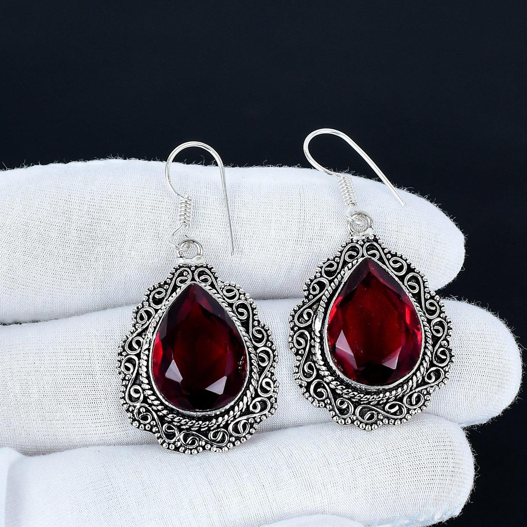 Red Garnet Gemstone Earrings, 925 Sterling Silver Earrings, Silver Earrings For Gift, Red Garnet Dangle Drop Earrings For Anniversary Gifts