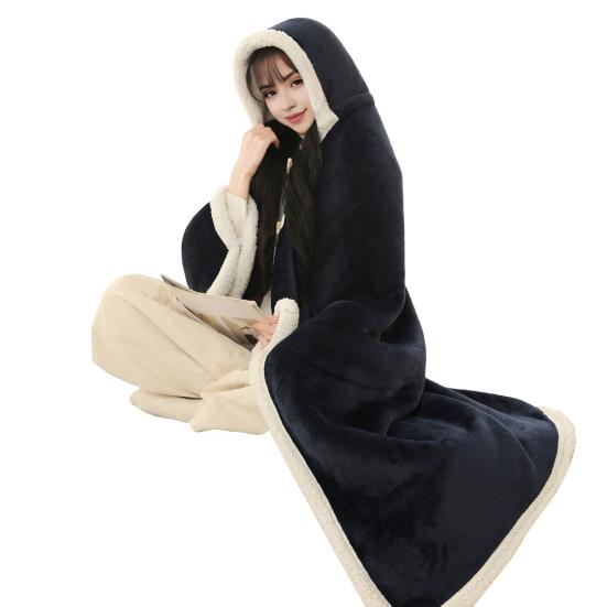 Cape Blanket Plush Hooded Cape with Button Fastening Double-Sided Warmth White Trim Blanket Cape Office Nap Comfort Throw Blanket