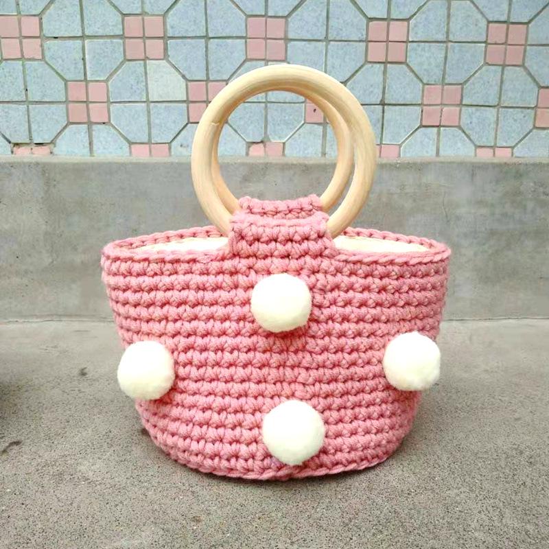 Yarn Knitting Pompom Bucket Handbag - Trendy Crochet Finished Women's Portable Bag