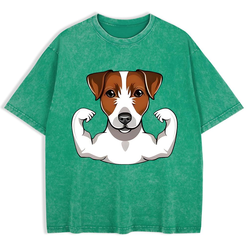 Russell Terrier Puppy Cotton Washed T-Shirts Mens Oversize T Shirts Casual Comfortable Short Sleeve Tops O-Neck Clothes