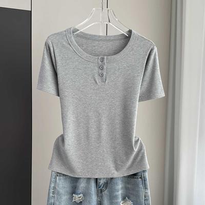 Rippstrick Knopf Rundhals Kurzarm T-Shirt Modal Schlankes Basis Oberteil für Frühling Sommer Vielseitig Atmungsaktiv Weiches Material Figurschmeichelndes Schlankes Damenoberteil