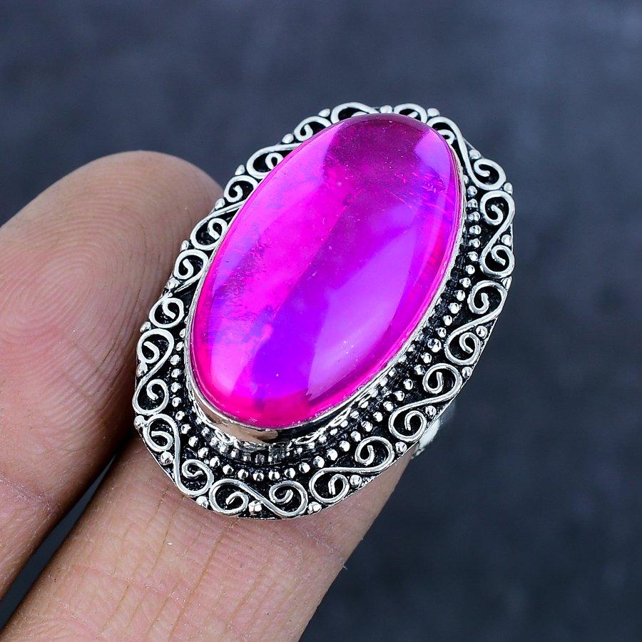 Naturrosa Mystisk Glass Edelstein 925 Sterlingsølv Smykker Ring Størrelse 8 Q5Y31