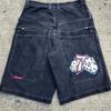 Y2K Hip Hop Boxing Graphic Denim Shorts Loose Fit Gym Streetwear Young Men