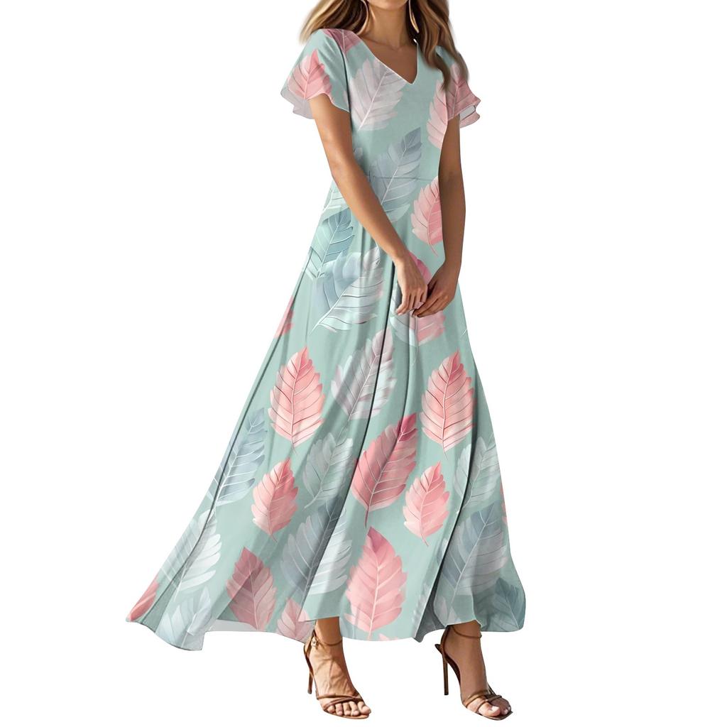 Lässiges Damenkleid mit V-Ausschnitt, kurzen Ärmeln und hoher Taille, Retro-Blumenblatt-Print
