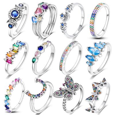 Real 925 Silver Plate Colorful Dragonfly Butterfly Cubic Zircon Rings For Women Wedding Engagement Birthday Jewelry Gift