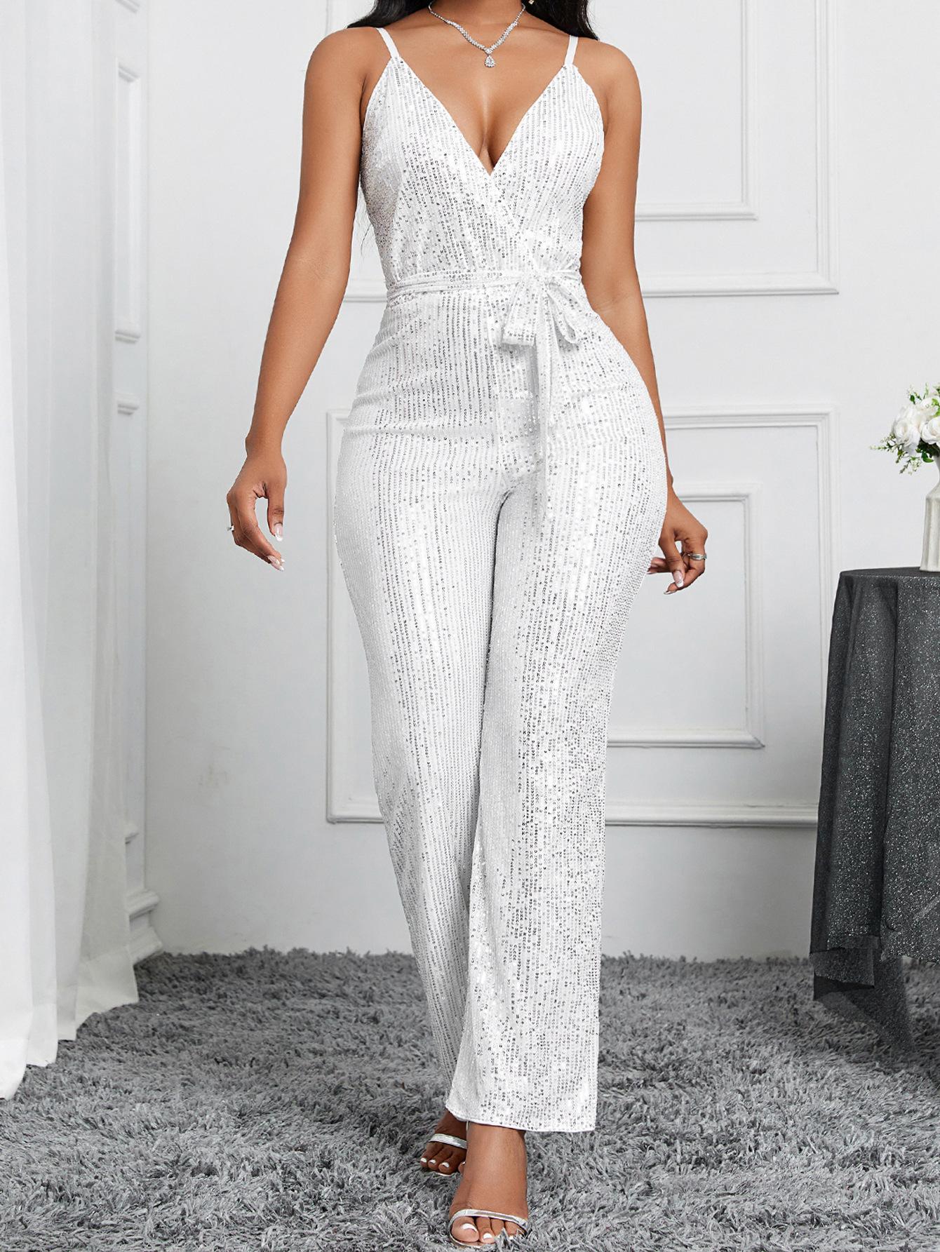 

Новый летний однотонный женский комбинезон с V-образным вырезом на подтяжках и шнуровкой, с пайетками 2XL белый