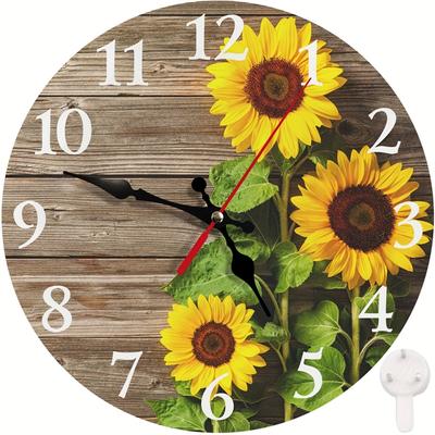 1pc Sunflower Kitchen Decor Round Wall Clock,Silent Non Ticking Battery Operated Wood Clock For Living Room Decor,Home Decor