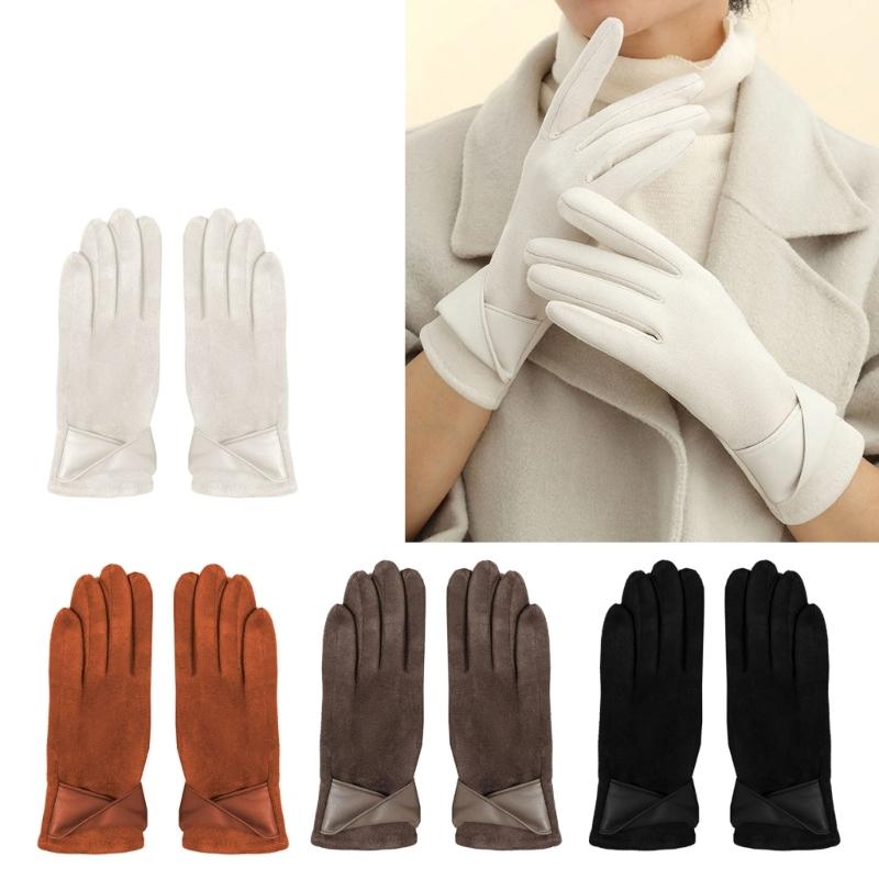 Women's Sueded Gloves with Fleece Lining for Warmth and Stylish Fashionable Bowknot Cuffs Hand Gloves for Daily Use