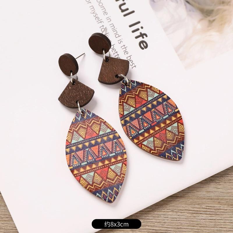 Bohemian Wood Stud Earrings Niche Design Geometric Stripe Print Earrings Femininity Personality Earrings