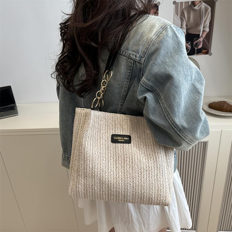 Ladies Tote Bag, Spacious Vacation Straw Woven Shoulder Bag, with Fixed Double Shoulder Straps And Chain Handle, for Shopping, Work, Travel