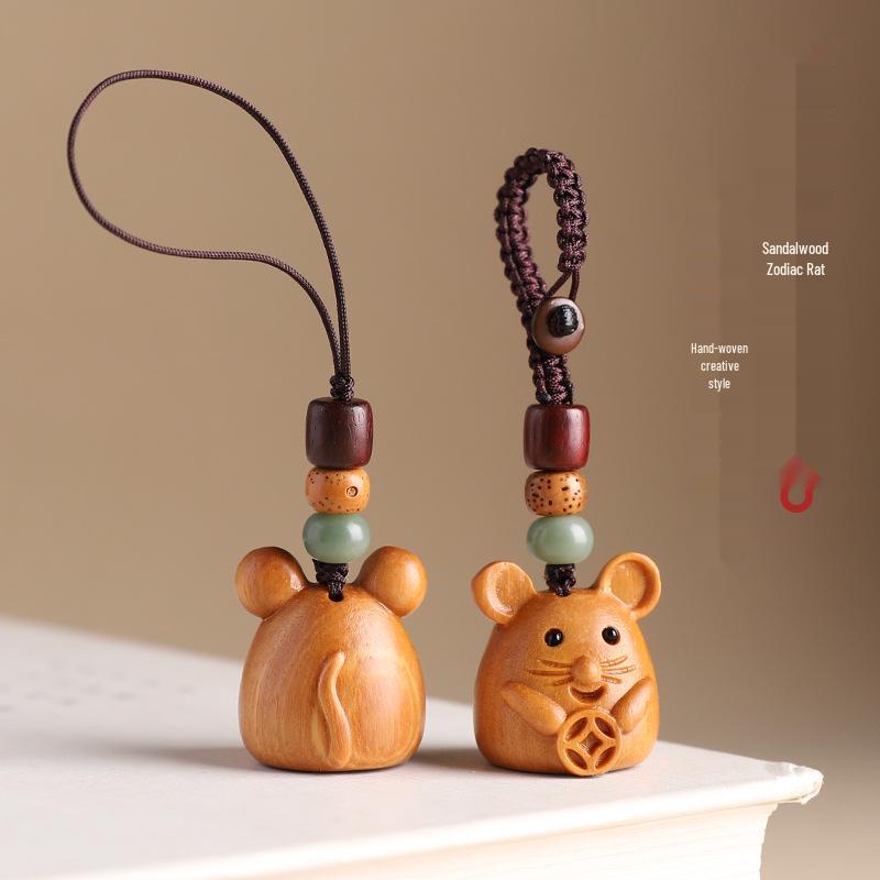 Sandalwood Zodiac Keychain Charm for Men & Women - Cute Mouse Pendant for Keys & Phones