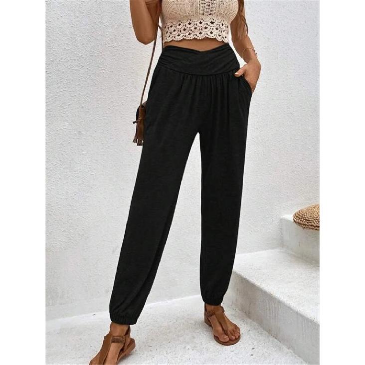 New 2026 women s home pants, stylish casual loose fit with pockets, high-waisted jogger pants for women S чёрный