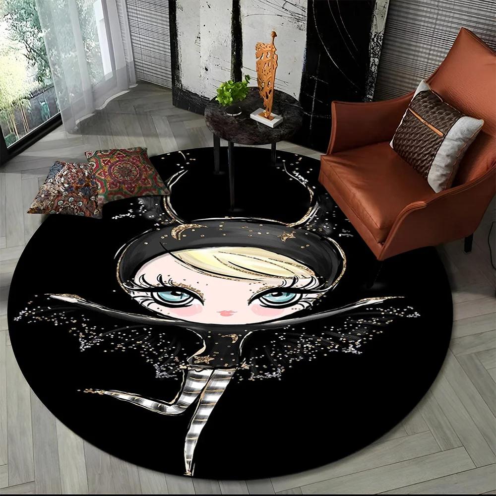 3D Cute Ballet Girl Ballerina Fairy Cartoon Area Rug,Round Carpet for Living Room Bedroom Sofa Decoration,Kid Non-slip Floor Mat