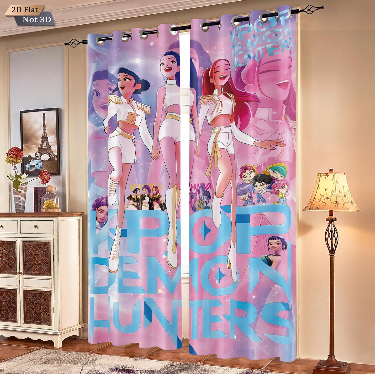 

Set Of 2 Pop Demon Hunters Print Curtains Insulation Multiple Size Living Room Bedroom Decoration Blackout Made Polyester Machine Washable Area Window W100*H70(CM)-Rod Pocket&1PCS