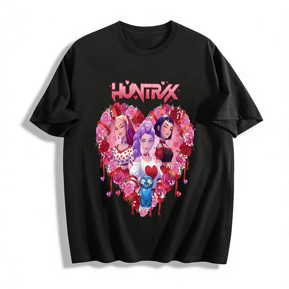 

День Святого Валентина HUNTRIX Командная футболка с принтом для девушек Романтический принт с розой и сердцем Повседневный топ для женщин Футболка из чистого хлопка XXS