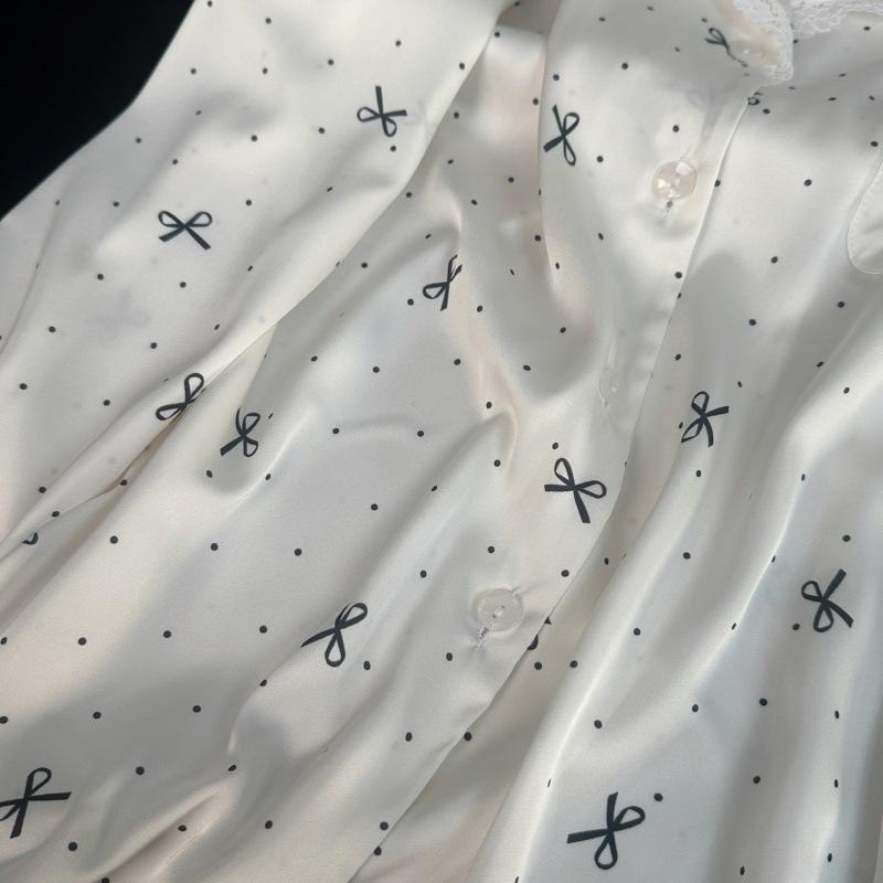 Yase Cream Polka Dot Bow Pajamas with Lace Trim - Cute and Girly Spring Collection