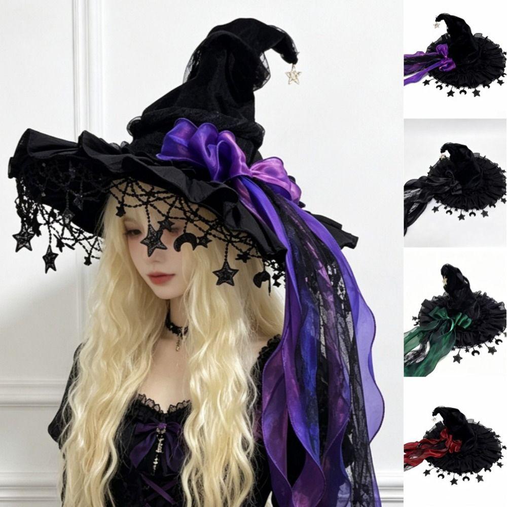 Lace Lolita Witch Hat Bow Ribbon Cosplay Accessories Party Headwear Wizard Cap Women's Costume