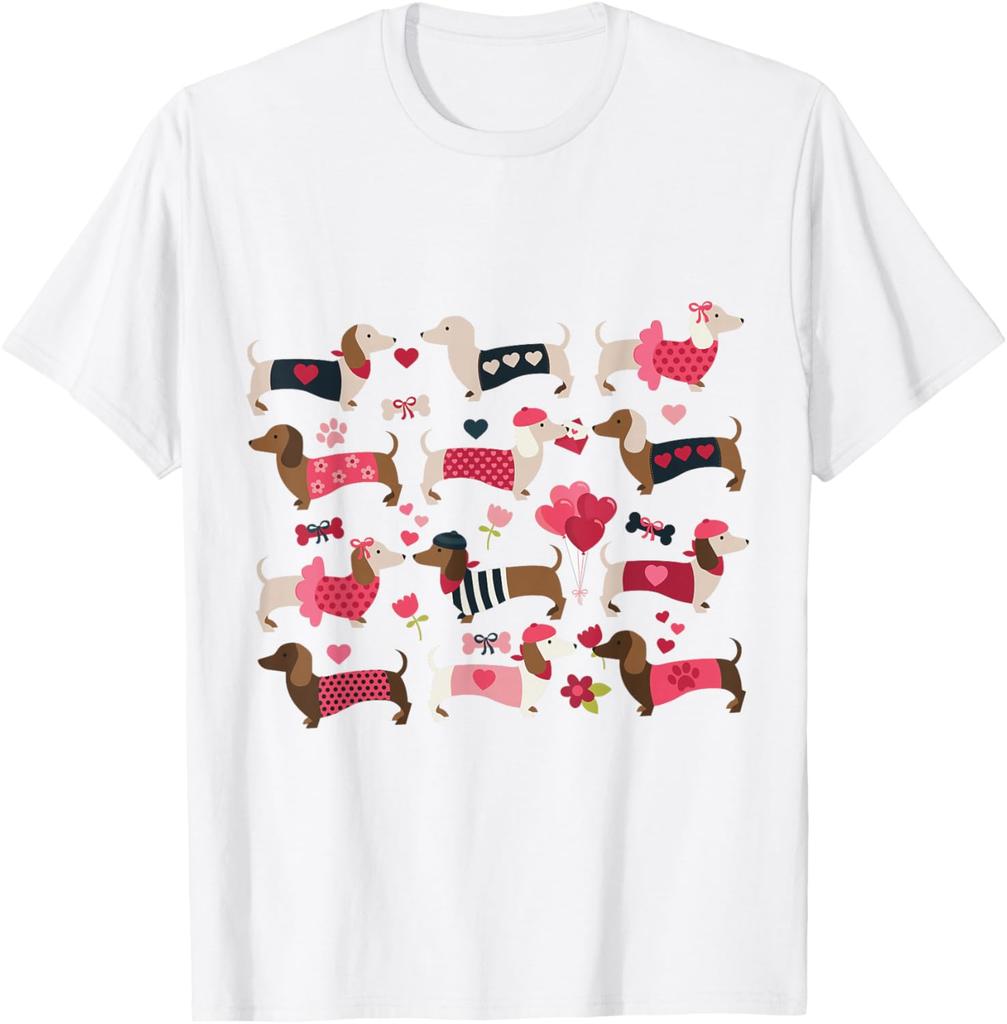Dachshund Weiner Dog Valentine Heart Print Graphic T-Shirt Casual Daily Crewneck Tee