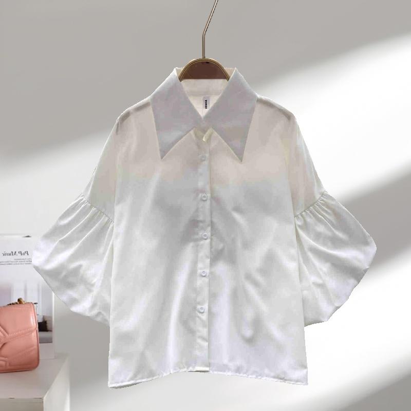 Summer Puff Short Sleeve Women Shirt Fashion New Elegant Loose Casual Lapel Blouse Female 2025 Solid Color Simple Office Tops Clothes Top 3505