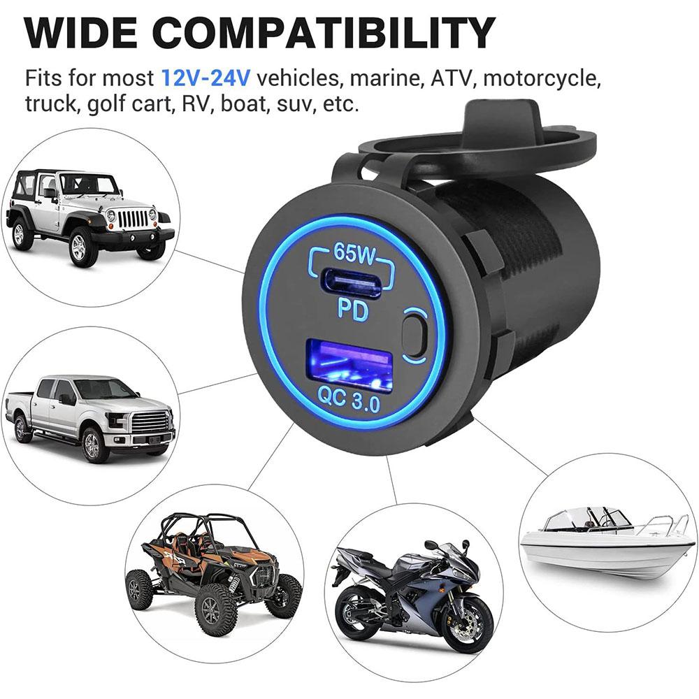 65 W PD-Autoladegerät, 12 V, 24 V, USB-Steckdose, Laptop, Motorrad, USB-C, PD, QC 3.0, USB-Anschluss, wasserdicht, mit Netzschalter für Wohnmobil