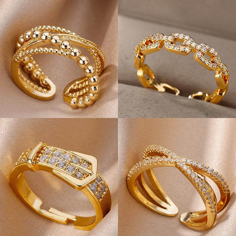 Stainless Steel Belt Rings For Women Zircon Adjustable Belt Finger Ring Femme Geometric Wedding Aesthetic Jewerly Gift Anillos