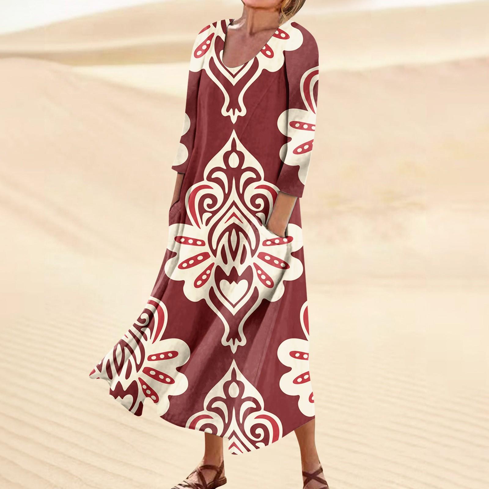 

Жіноча сукня для весни в стилі бохо. Повсякденна мода з рукавом 3/4. Сукня для свята великого розміру XXXL винний