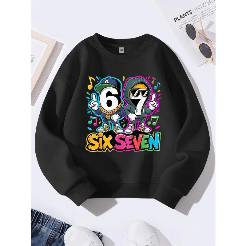 Kids Unisex Sweatshirt, Hip Hop Cartoon Number 6 7 Music Note Print Pullover, Boys Girls Long Sleeve Birthday Sweatshirt For Kids Over 4 Years Old