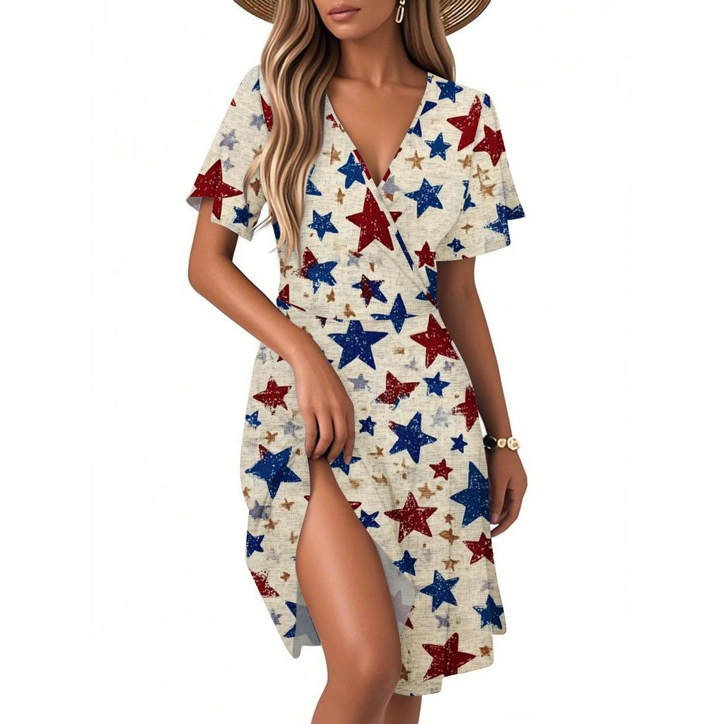 Kvinners Casual Mote Kjole Vintage Blomstermønstret Blomster Kort Erm V-hals Kjole