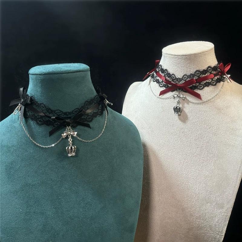 New Sexy Lace Bow Necklace for Women Gothic Punk Velvet Collar Choker Vintage Crown Pendent Necklace Strap Bow Cute Jewelry