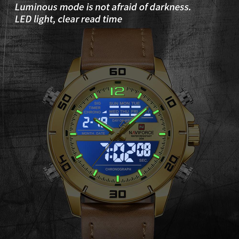 Naviforce Men's Leather Chronograph Quartz Watch Calendar Date 3ATM Waterproof Night Pattern Luminous Pointer Multifunctional Men's Watch NF9253L